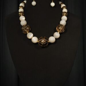 Mother-of-pearl necklace with gold-plated FJ beads — handmade jewelry by Frolov Jewels