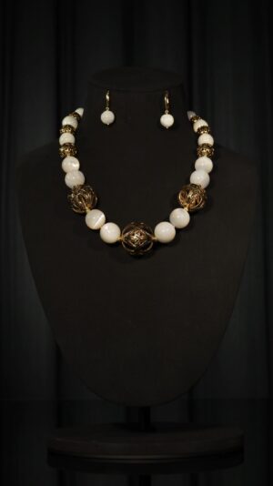 Mother-of-pearl necklace with gold-plated FJ beads — handmade jewelry by Frolov Jewels