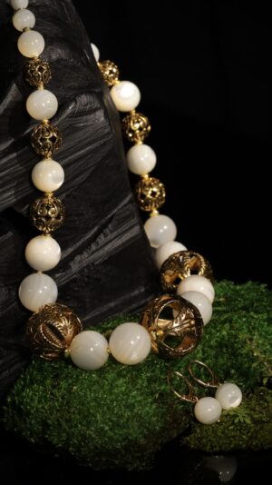 Mother-of-pearl necklace with gold-plated FJ beads — handmade jewelry by Frolov Jewels (view 2)