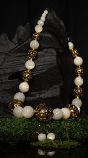 Mother-of-pearl necklace with gold-plated FJ beads — handmade jewelry by Frolov Jewels (view 3)