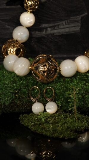 Mother-of-pearl necklace with gold-plated FJ beads — handmade jewelry by Frolov Jewels (view 4)