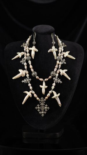 Necklace of cross-shaped pearls — handmade jewelry by Frolov Jewels