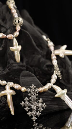 Necklace of cross-shaped pearls — handmade jewelry by Frolov Jewels (view 3)