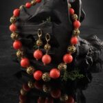 Red ceramic necklace with brass beads — handmade jewelry by Frolov Jewels