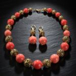 Red ceramic necklace with brass beads — handmade jewelry by Frolov Jewels (view 2)