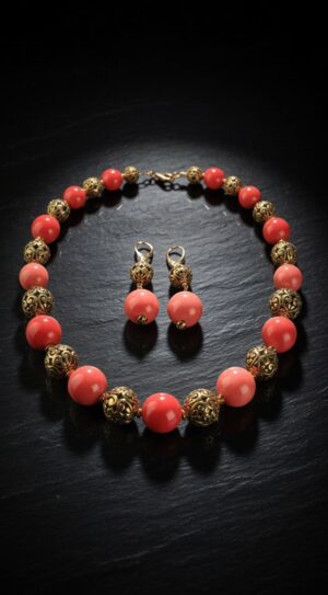 Red ceramic necklace with brass beads — handmade jewelry by Frolov Jewels (view 2)