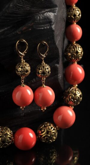 Red ceramic necklace with brass beads — handmade jewelry by Frolov Jewels (view 3)