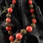 Red ceramic necklace with brass beads — handmade jewelry by Frolov Jewels (view 4)