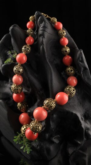 Red ceramic necklace with brass beads — handmade jewelry by Frolov Jewels (view 4)