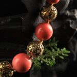 Red ceramic necklace with brass beads — handmade jewelry by Frolov Jewels (view 5)