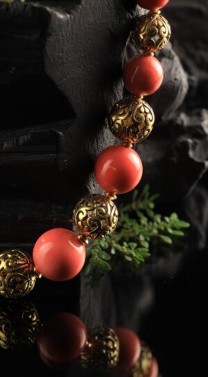 Red ceramic necklace with brass beads — handmade jewelry by Frolov Jewels (view 5)