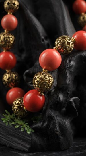 Red ceramic necklace with brass beads — handmade jewelry by Frolov Jewels (view 6)