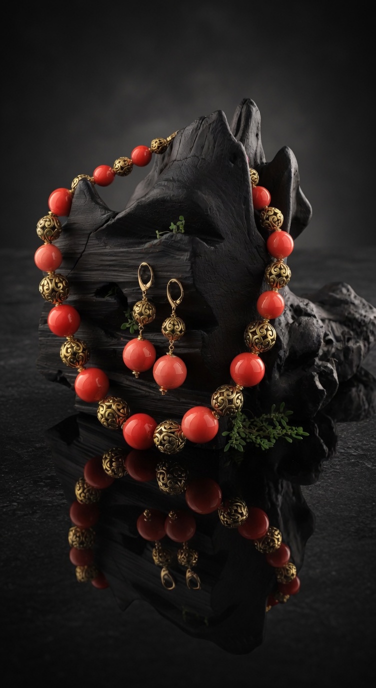 Red ceramic necklace with brass beads — handmade jewelry by Frolov Jewels