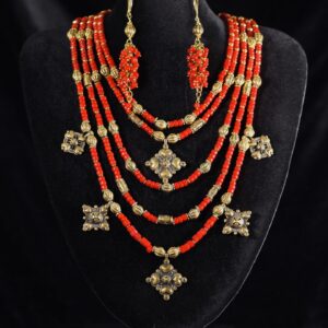 Red coral necklace with brass zgardas — handmade jewelry by Frolov Jewels