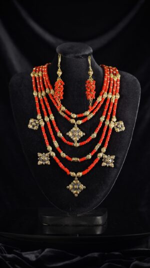 Red coral necklace with brass zgardas — handmade jewelry by Frolov Jewels