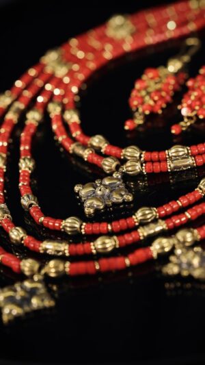 Red coral necklace with brass zgardas — handmade jewelry by Frolov Jewels (view 2)