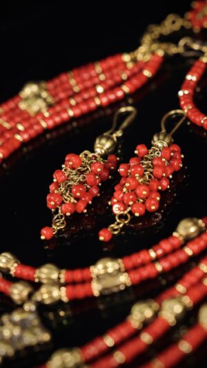 Red coral necklace with brass zgardas — handmade jewelry by Frolov Jewels (view 3)