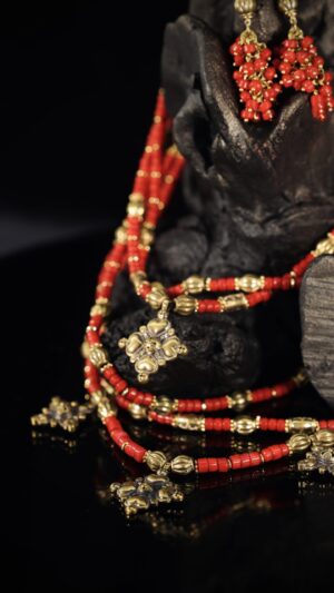 Red coral necklace with brass zgardas — handmade jewelry by Frolov Jewels (view 4)