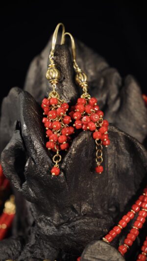 Red coral necklace with brass zgardas — handmade jewelry by Frolov Jewels (view 5)