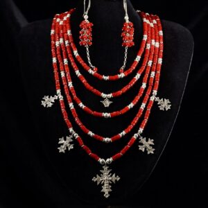 Red coral necklace with silver zgardas — handmade jewelry by Frolov Jewels
