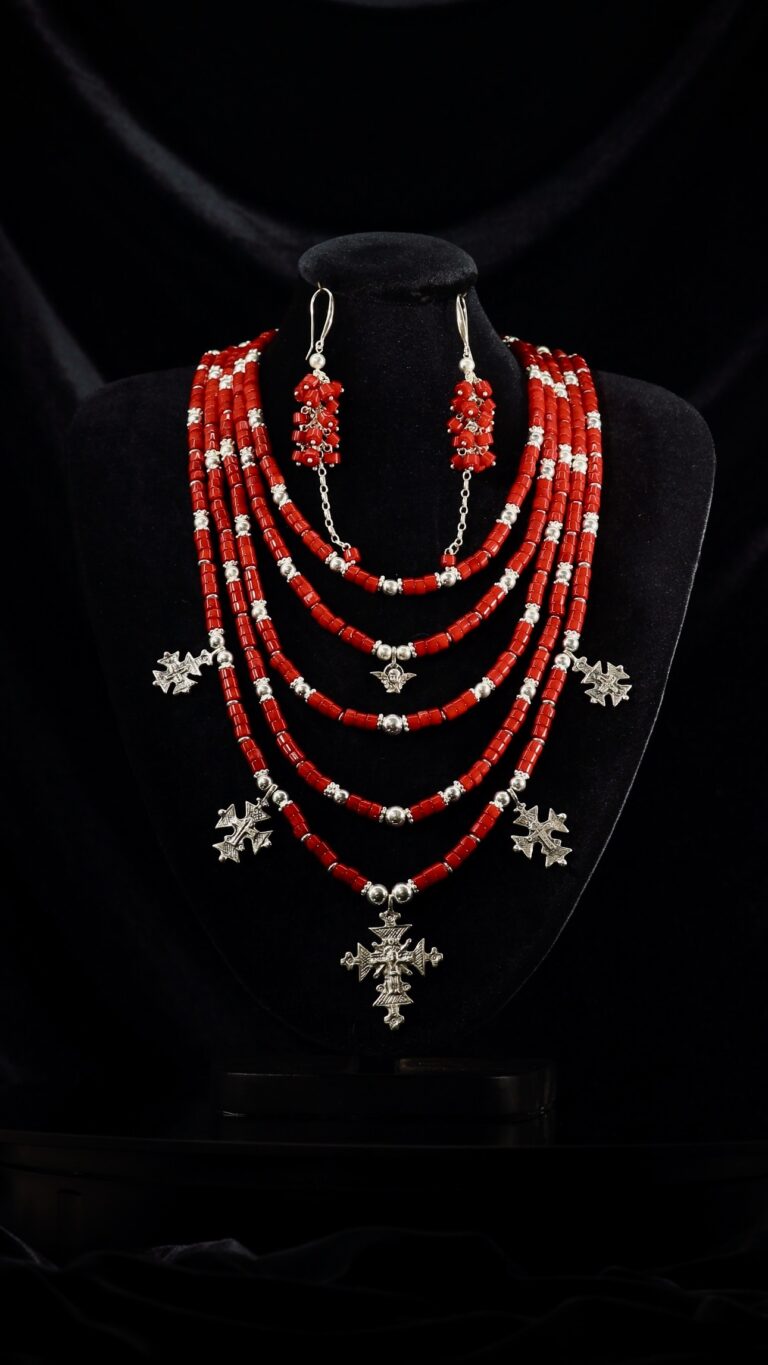 Red coral necklace with silver zgardas — handmade jewelry by Frolov Jewels