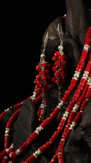 Red coral necklace with silver zgardas — handmade jewelry by Frolov Jewels (view 3)