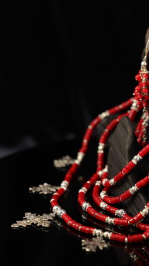 Red coral necklace with silver zgardas — handmade jewelry by Frolov Jewels (view 4)