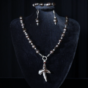 Single-strand black baroque pearl necklace with a pearl cross pendant — handmade jewelry by Frolov Jewels