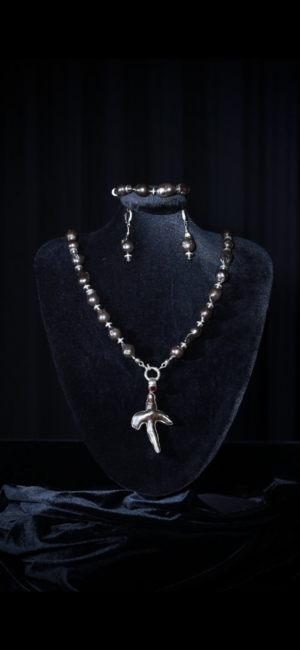 Single-strand black baroque pearl necklace with a pearl cross pendant — handmade jewelry by Frolov Jewels