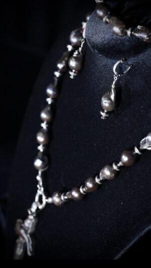 Single-strand black baroque pearl necklace with a pearl cross pendant — handmade jewelry by Frolov Jewels (view 2)