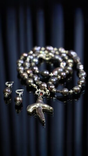 Single-strand black baroque pearl necklace with a pearl cross pendant — handmade jewelry by Frolov Jewels (view 3)