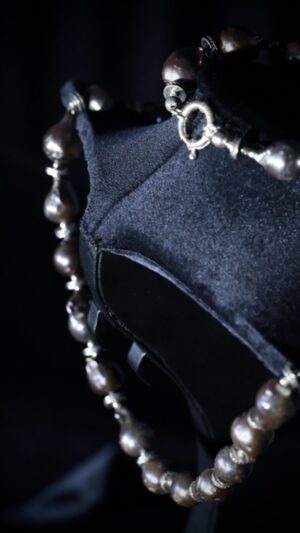 Single-strand black baroque pearl necklace with a pearl cross pendant — handmade jewelry by Frolov Jewels (view 4)