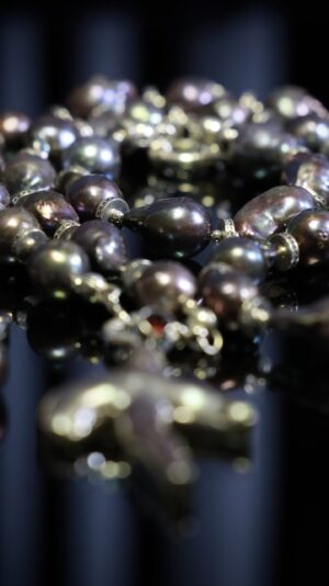 Single-strand black baroque pearl necklace with a pearl cross pendant — handmade jewelry by Frolov Jewels (view 5)