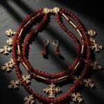 Three-strand carnelian necklace with 18K gold-plated brass zgardas and spirals, with earrings — handmade jewelry by Frolov Jewels