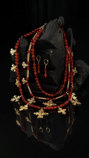 Three-strand carnelian necklace with 18K gold-plated brass zgardas and spirals, with earrings — handmade jewelry by Frolov Jewels (view 2)