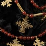 Three-strand carnelian necklace with 18K gold-plated brass zgardas and spirals, with earrings — handmade jewelry by Frolov Jewels (view 3)