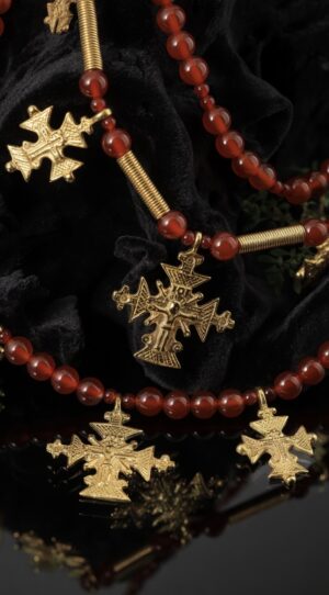 Three-strand carnelian necklace with 18K gold-plated brass zgardas and spirals, with earrings — handmade jewelry by Frolov Jewels (view 3)