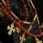 Three-strand carnelian necklace with 18K gold-plated brass zgardas and spirals, with earrings — handmade jewelry by Frolov Jewels (view 4)