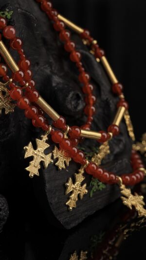 Three-strand carnelian necklace with 18K gold-plated brass zgardas and spirals, with earrings — handmade jewelry by Frolov Jewels (view 4)