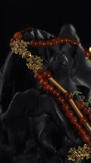 Three-strand carnelian necklace with 18K gold-plated brass zgardas and spirals, with earrings — handmade jewelry by Frolov Jewels (view 5)