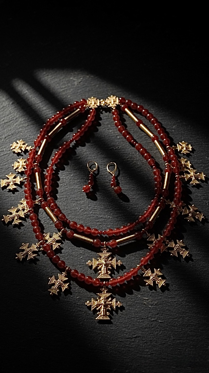 Three-strand carnelian necklace with 18K gold-plated brass zgardas and spirals, with earrings — handmade jewelry by Frolov Jewels