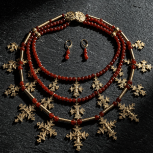 Three-strand carnelian necklace with 18K gold-plated brass zgardas, with earrings — handmade jewelry by Frolov Jewels