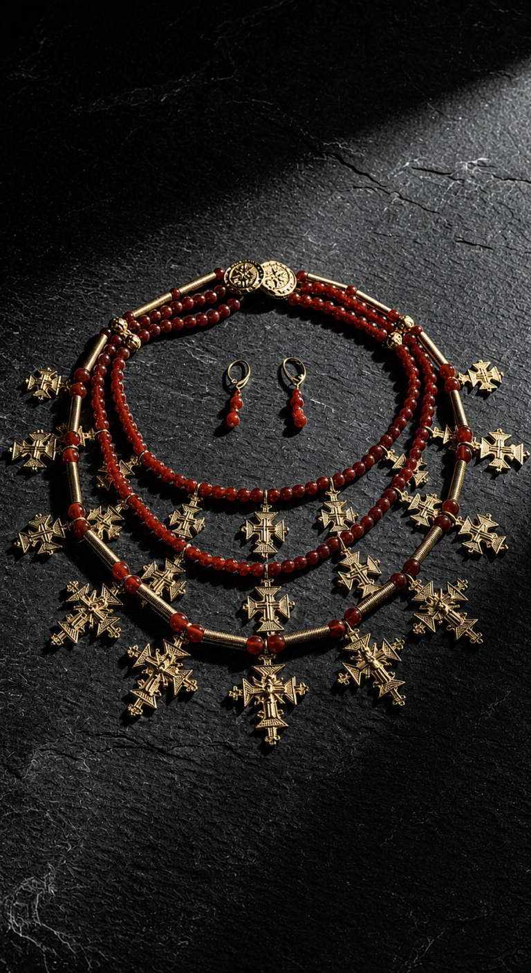 Three-strand carnelian necklace with 18K gold-plated brass zgardas, with earrings — handmade jewelry by Frolov Jewels