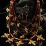Three-strand carnelian necklace with 18K gold-plated brass zgardas, with earrings — handmade jewelry by Frolov Jewels (view 2)