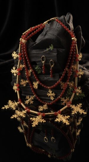 Three-strand carnelian necklace with 18K gold-plated brass zgardas, with earrings — handmade jewelry by Frolov Jewels (view 2)