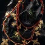 Three-strand carnelian necklace with 18K gold-plated brass zgardas, with earrings — handmade jewelry by Frolov Jewels (view 3)