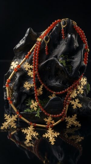 Three-strand carnelian necklace with 18K gold-plated brass zgardas, with earrings — handmade jewelry by Frolov Jewels (view 3)