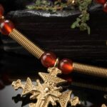 Three-strand carnelian necklace with 18K gold-plated brass zgardas, with earrings — handmade jewelry by Frolov Jewels (view 4)