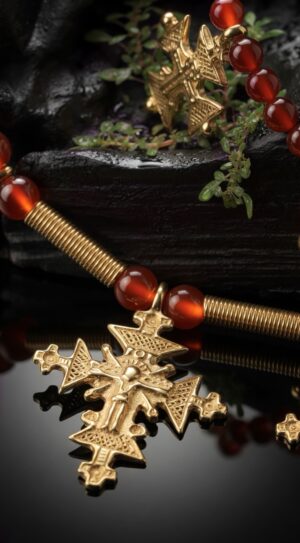Three-strand carnelian necklace with 18K gold-plated brass zgardas, with earrings — handmade jewelry by Frolov Jewels (view 4)