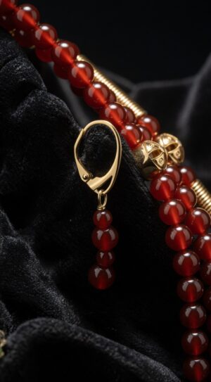 Three-strand carnelian necklace with 18K gold-plated brass zgardas, with earrings — handmade jewelry by Frolov Jewels (view 5)